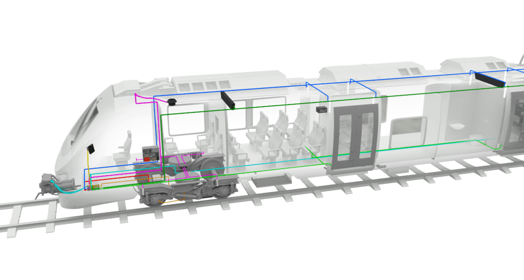 Diagram of a train's Train Communication Network (TCN) architecture showing onboard communication connections between vehicle systems and equipment.